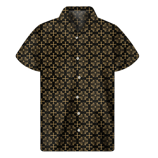 Island Vibes: Black and Beige Orthodox Pattern Hawaiian Short Sleeve Shirt - 1