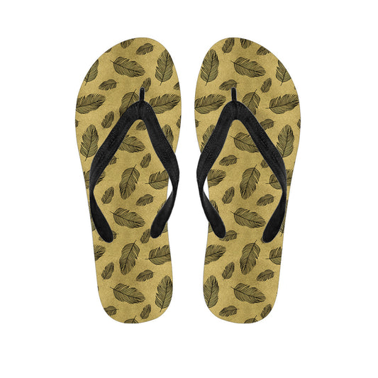 Black and Gold Feather Pattern Print Hippie Flip Flops - 1