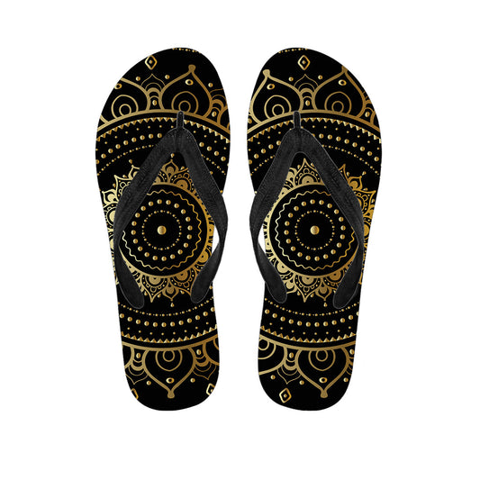 Black and Gold Mandala Print Hawaiian Flip Flops: Step Out in Style! - 1