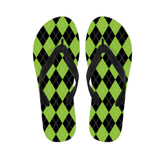 Black and Green Argyle Print Hawaiian Outfit Flip Flops - 1