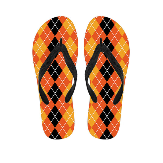 Island Chic: Black and Orange Argyle Pattern Hawaiian Outfit with Matching Flip Flops - 1