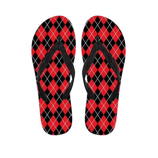 Hawaiian Vibes: Black and Red Argyle Pattern Flip Flops - 1