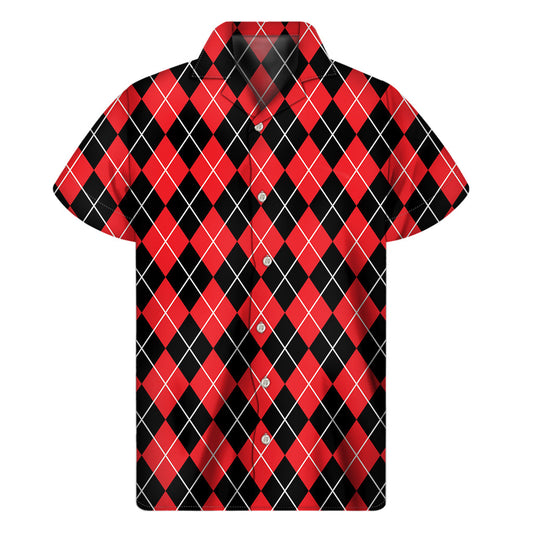 Black and Red Argyle Hawaiian Print Short Sleeve Shirt - 1