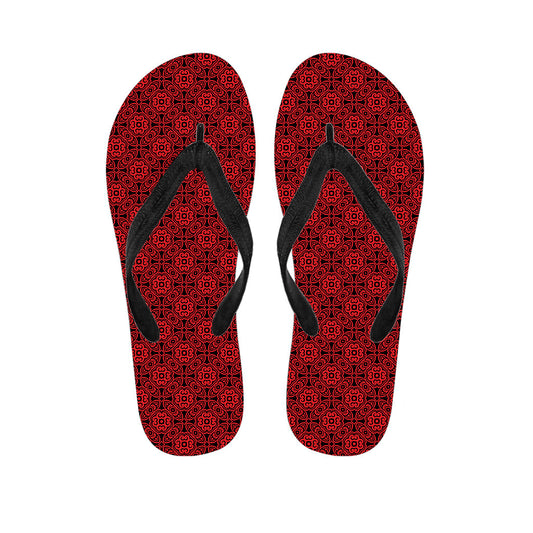 Hawaiian Vibes: Black and Red Chinese Pattern Print Flip Flops - 1