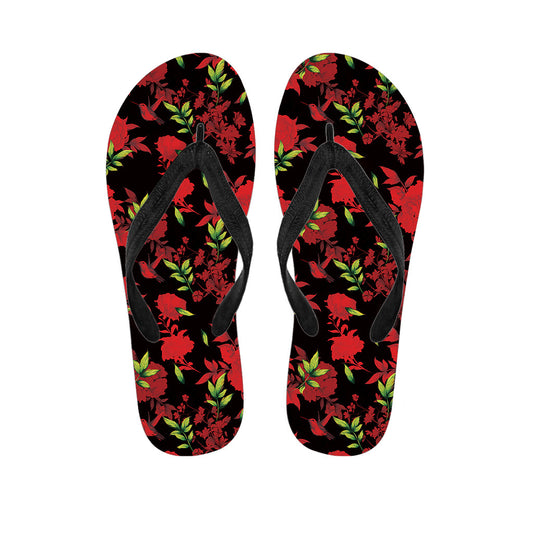 Floral Print Hawaiian Flip Flops: Black and Red Roses Edition - 1