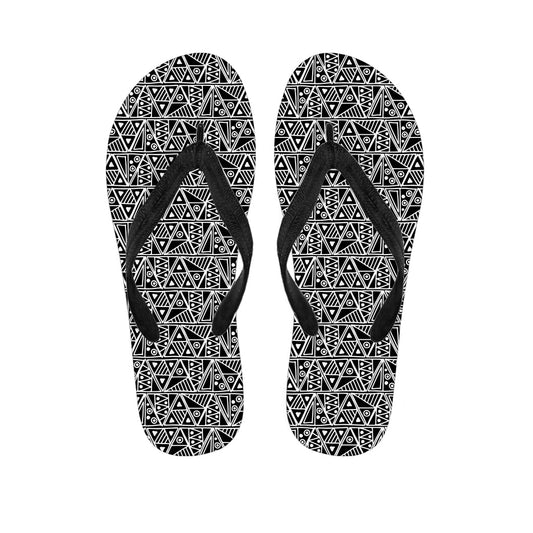 Black and White Hawaiian Ethnic Print Flip Flops: Embrace the Aloha Spirit in Style - 1