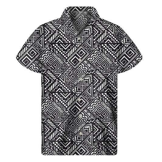 Tropical Vibes: Hawaiian Inspired Short Sleeve Shirt in Black and White African Tribal Print - 1