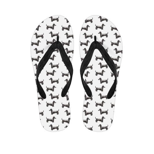 Dachshund Delight Hawaiian Outfit: Black and White Pattern Print Flip Flops - 1
