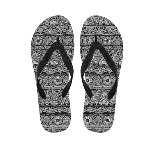 Black and White Ethnic Pattern Print Hawaiian Flip Flops: the Perfect Addition to Your Hawaiian Outfit - 1