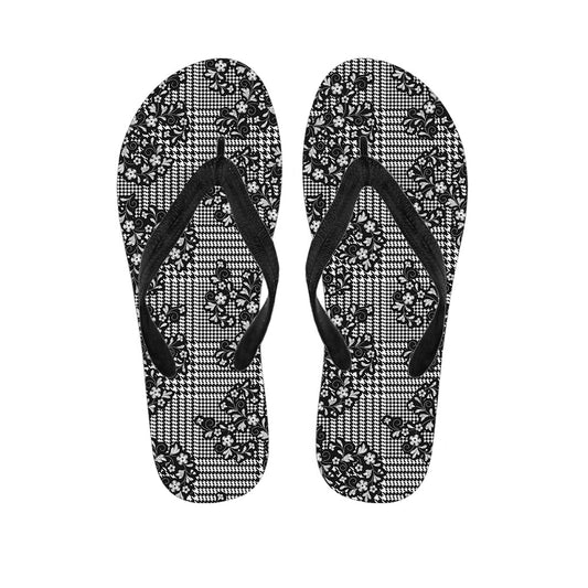 Black and White Floral Glen Plaid Hawaiian Flip Flops - 1