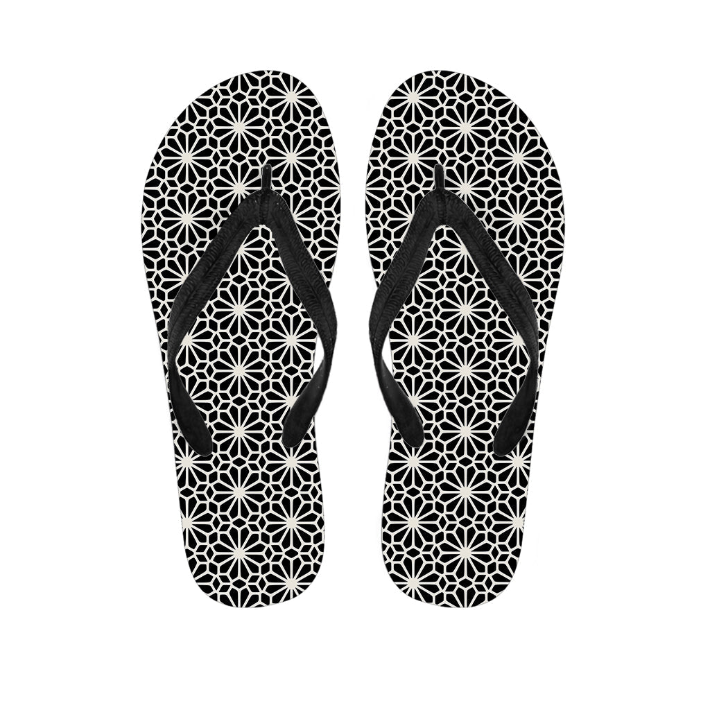 Groovy Vibes: Black and White Geometric Floral Print Flip Flops - 1