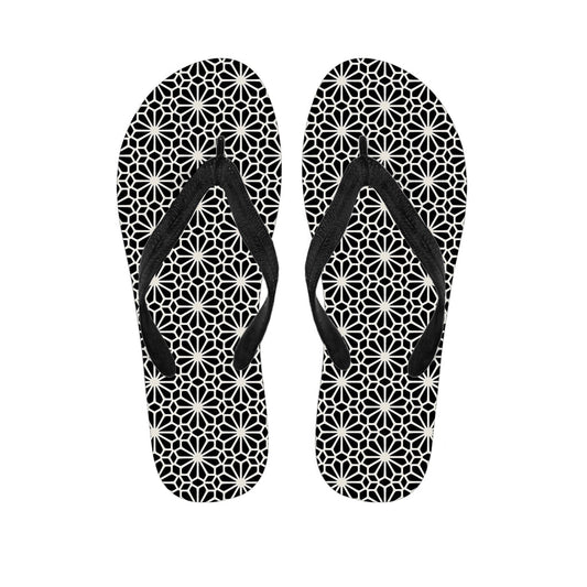 Groovy Vibes: Black and White Geometric Floral Print Flip Flops - 1