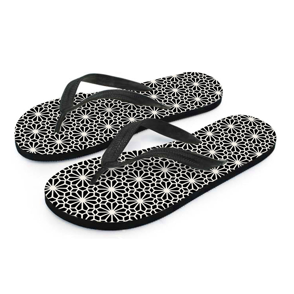 Groovy Vibes: Black and White Geometric Floral Print Flip Flops - 2