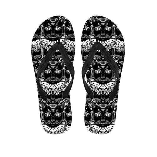 Black and White Gothic Hawaiian Cat Print Flip Flops - 1