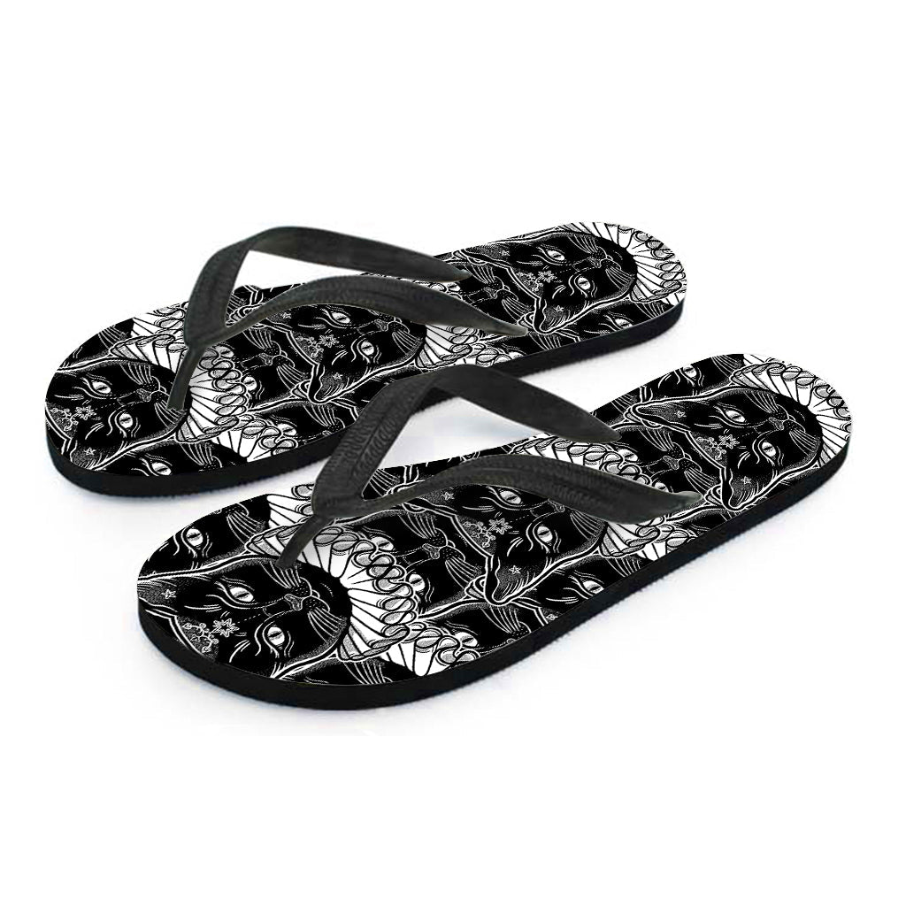 Black and White Gothic Hawaiian Cat Print Flip Flops - 2