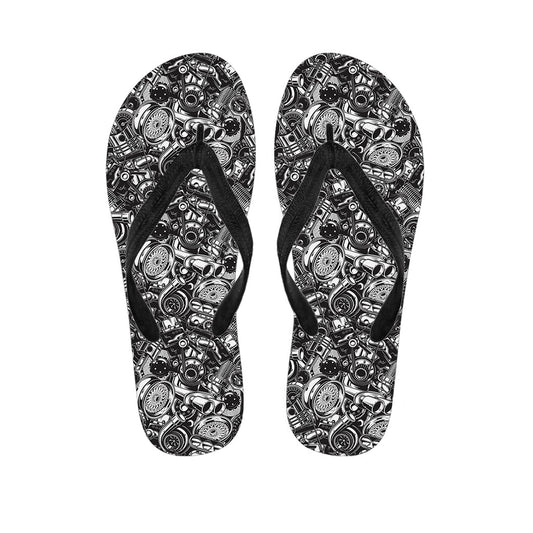 Black and White Hawaiian Engine Pattern Flip Flops - 1