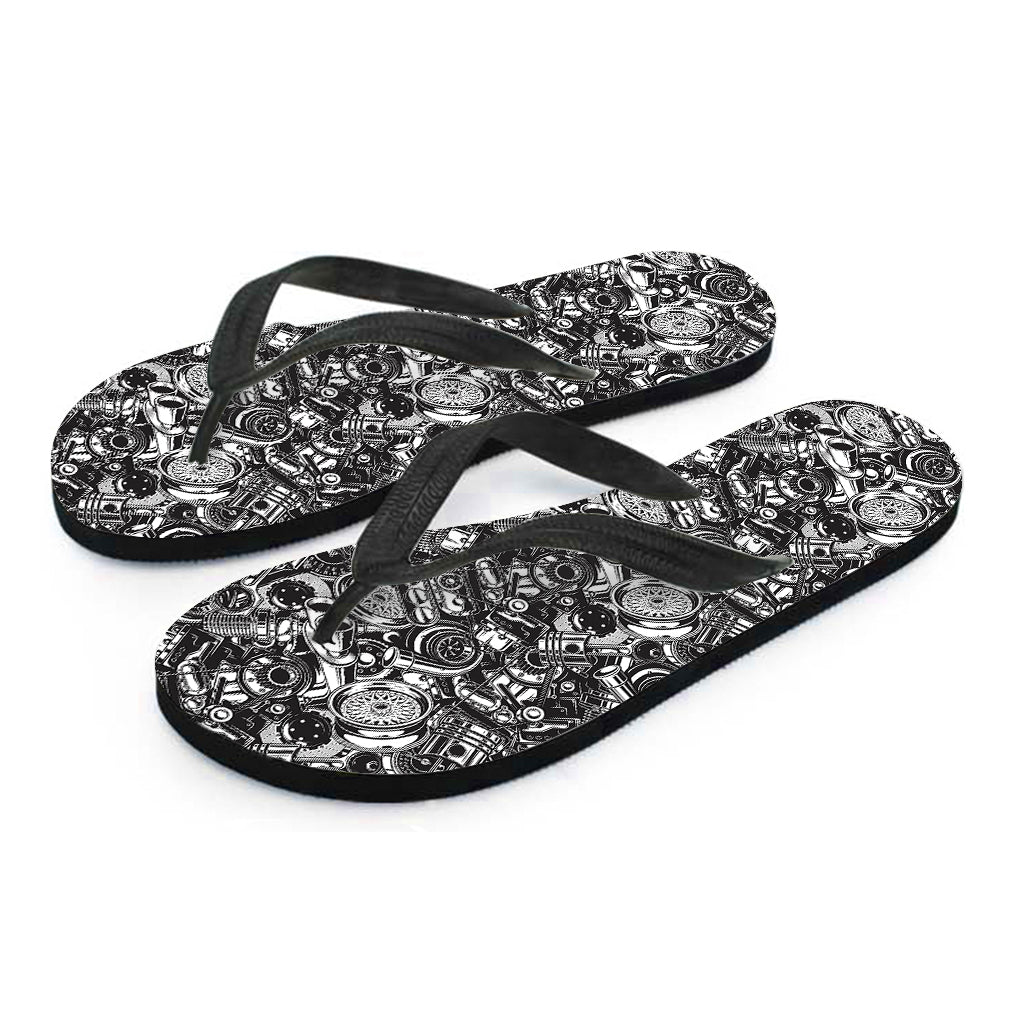 Black and White Hawaiian Engine Pattern Flip Flops - 2