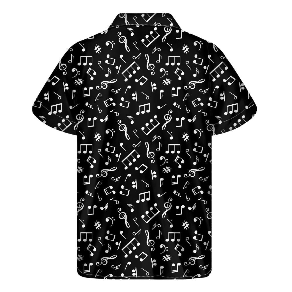 Classic Hawaiian Vibes: Men's Black and White Music Note Print Short Sleeve Shirt - 2