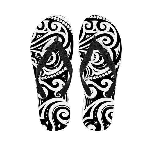 Polynesian Paradise: Black and White Hawaiian Tattoo Flip Flops - 1