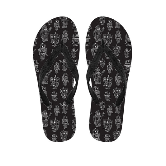 Island Style: Black and White Robot Pattern Printed Flip Flops for Your Hawaiian Outfit - 1