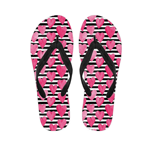 Black and White Striped Heart Print Hawaiian Flip Flops - Perfect for Your Island Outfit - 1