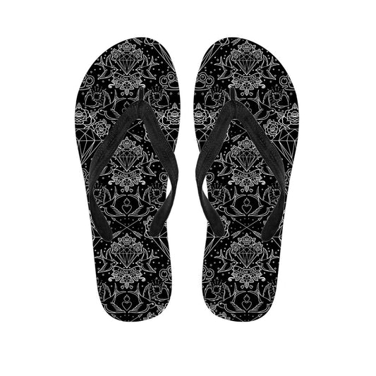 Tattoo Print Hawaiian Outfit Essentials: Black and White Flip Flops - 1