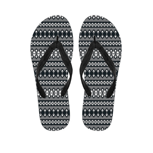 Island Chic: Black and White Tribal Geometric Print Hawaiian Outfit with Stylish Flip Flops - 1