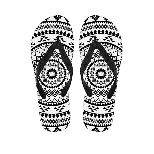 Tropical Paradise: Black and White Tribal Mandala Print Hawaiian Outfit Flip Flops - 1