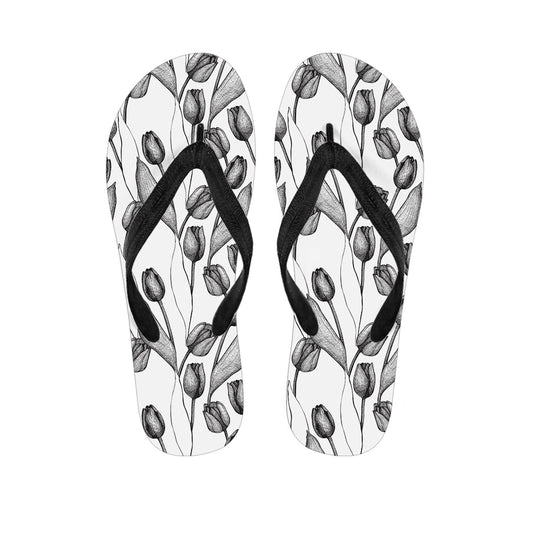 Tropical Elegance: Black and White Tulip Pattern Hawaiian Flip Flops - 1