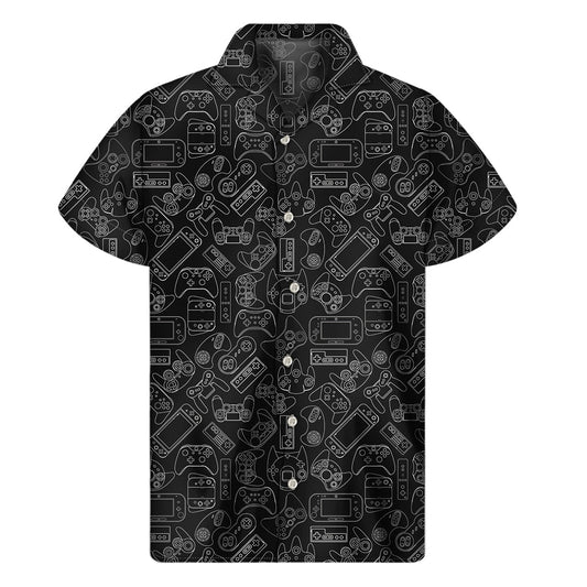 Island Vibes: Black and White Video Game Pattern Hawaiian Short Sleeve Shirt - 1