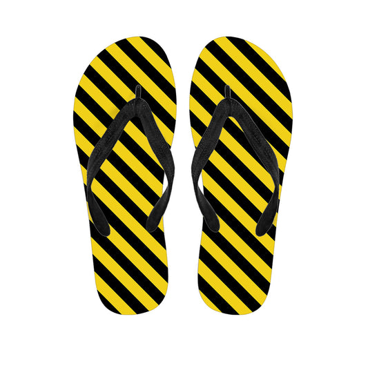 Island Vibes: Black and Yellow Warning Striped Hawaiian Flip Flops - 1