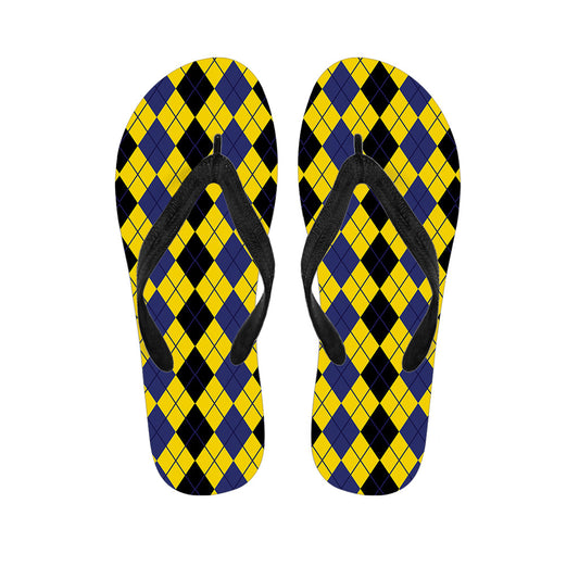 Island Chic: Black, Blue, and Yellow Argyle Print Hawaiian Flip Flops - 1