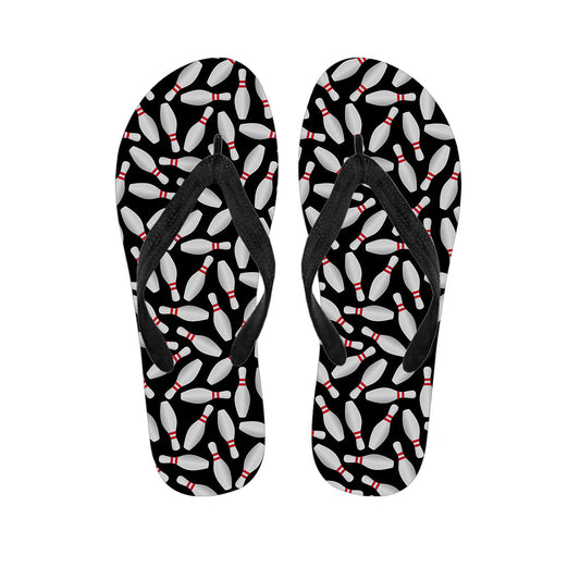 Hawaiian Vibes: Black Bowling Pins Pattern Print Flip Flops - 1