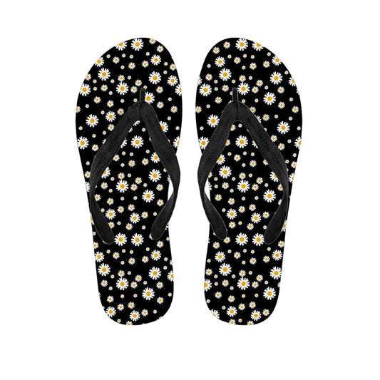 Black Daisy Floral Print Hawaiian Flip Flops: The Perfect Addition to Your Island Style Outfit - 1