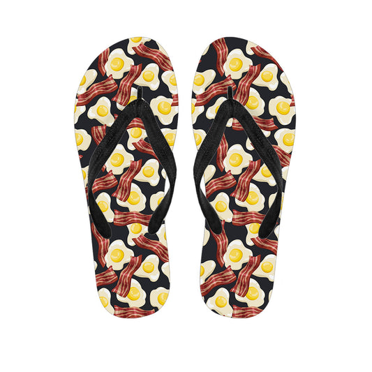 Black Fried Egg and Bacon Pattern Print Hawaiian Flip Flops - 1