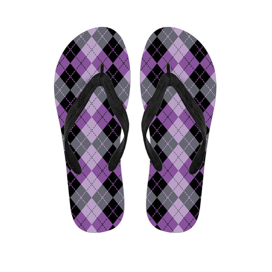 Island Chic: Black, Grey, and Violet Argyle Print Hawaiian Flip Flops - 1