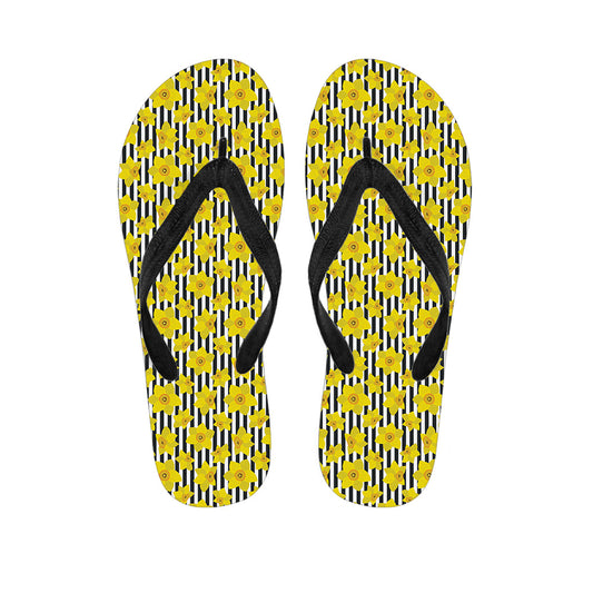 Black Striped Daffodil Pattern Hawaiian Flip Flops: Complete Your Island Look! - 1