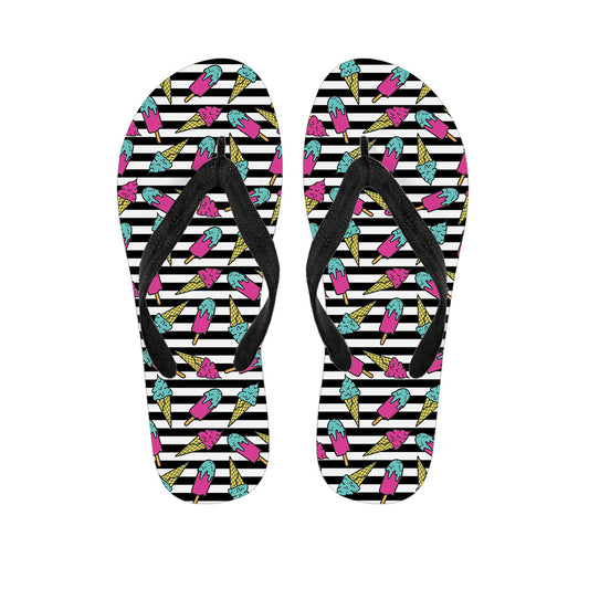 Black Striped Ice Cream Pattern Print Hawaiian Flip Flops to Complete Your Island Outfit - 1