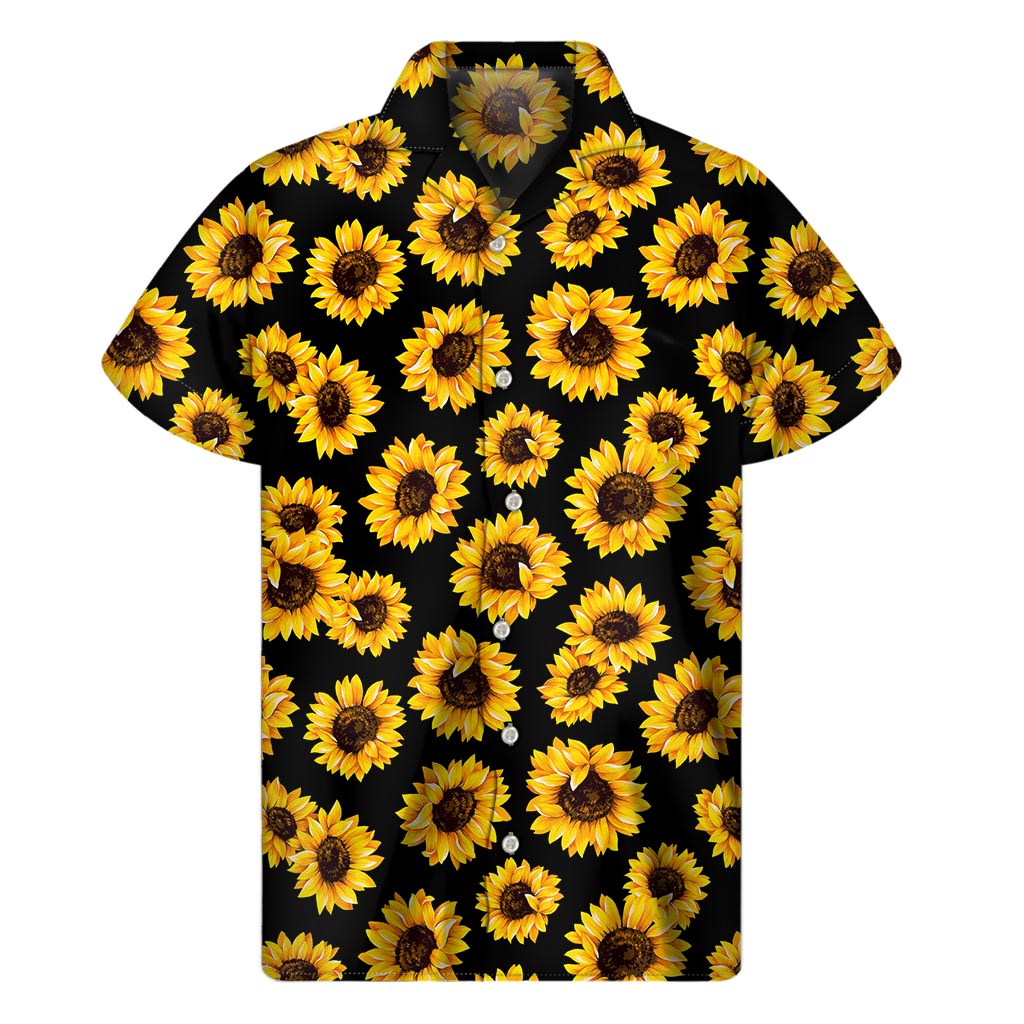 Sun-Kissed Style: Hawaiian Black Sunflower Pattern Short Sleeve Shirt - 1