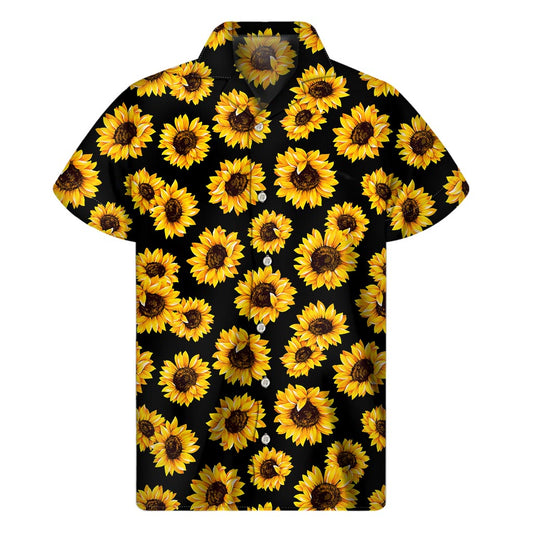 Sun-Kissed Style: Hawaiian Black Sunflower Pattern Short Sleeve Shirt - 1