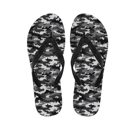 Tropical Bliss: Black, White, and Grey Digital Camo Print Hawaiian Flip Flops - 1