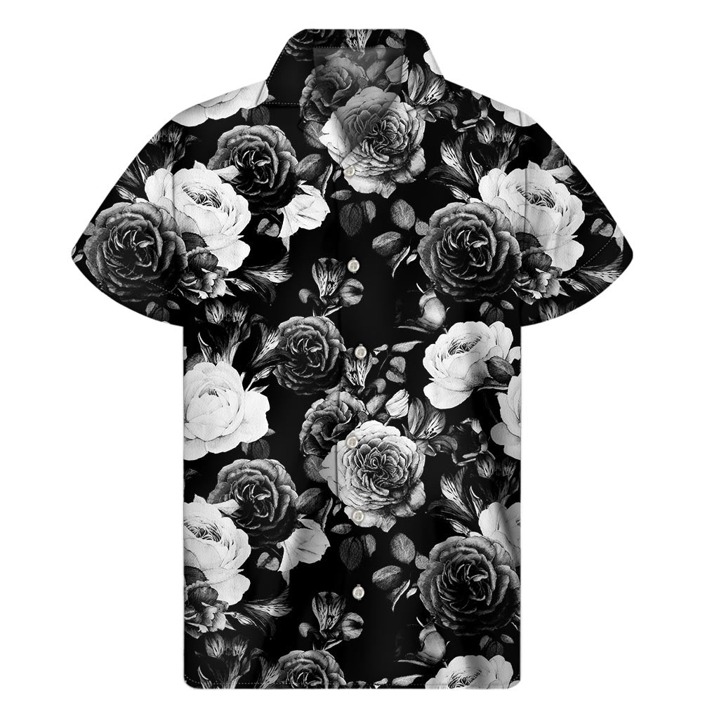 Tropical Aloha: Men's Black White Rose Floral Hawaiian Short Sleeve Shirt - 1