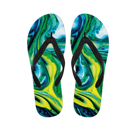 Embrace Your Inner Hippie with these Blue and Green Acid Melt Print Flip Flops - 1