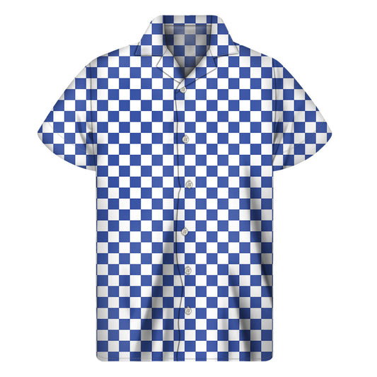 Blue and White Hawaiian Checkered Pattern Short Sleeve Shirt - 1