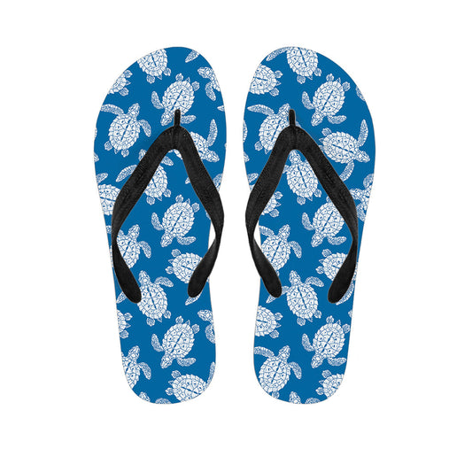 Blue and White Sea Turtle Pattern Hawaiian Outfit Flip Flops - 1