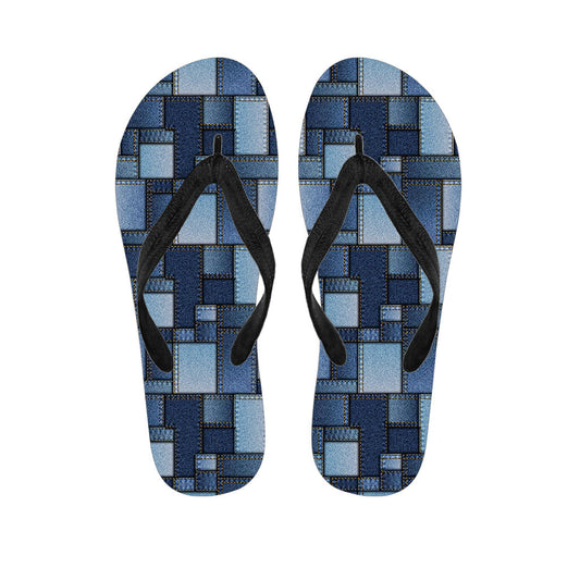 Blue Denim Patchwork Pattern Hawaiian Flip Flops: The Perfect Addition to Your Island Outfit - 1