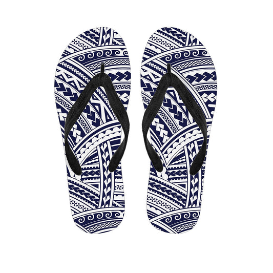 Blue Maori Polynesian Tattoo Print Hawaiian Outfit with Matching Flip Flops - 1