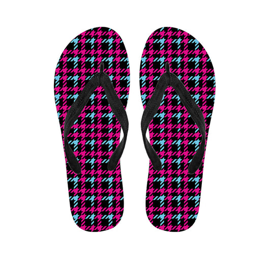 Hawaiian Vibes: Blue, Pink, and Black Houndstooth Print Flip Flops to Complete Your Outfit - 1
