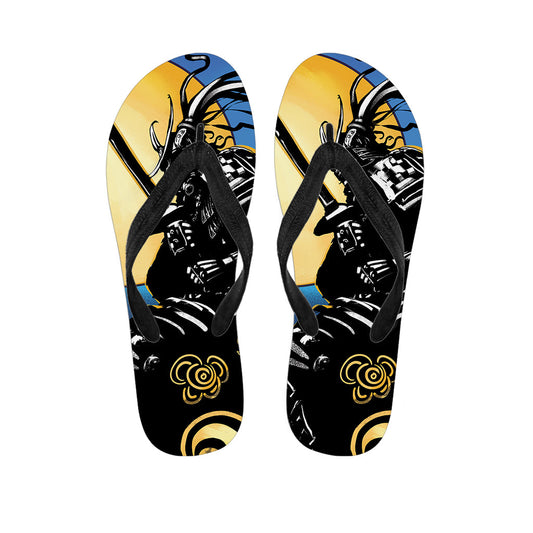 Blue Sky and Golden Sun Hawaiian Samurai Print Flip Flops: The Perfect Addition to Your Hawaiian Outfit - 1