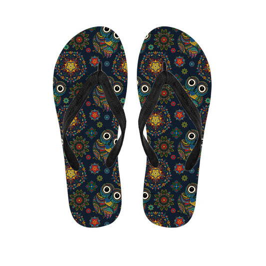 Tropical Bliss: Bohemian Owl Pattern Print Hawaiian Flip Flops - 1